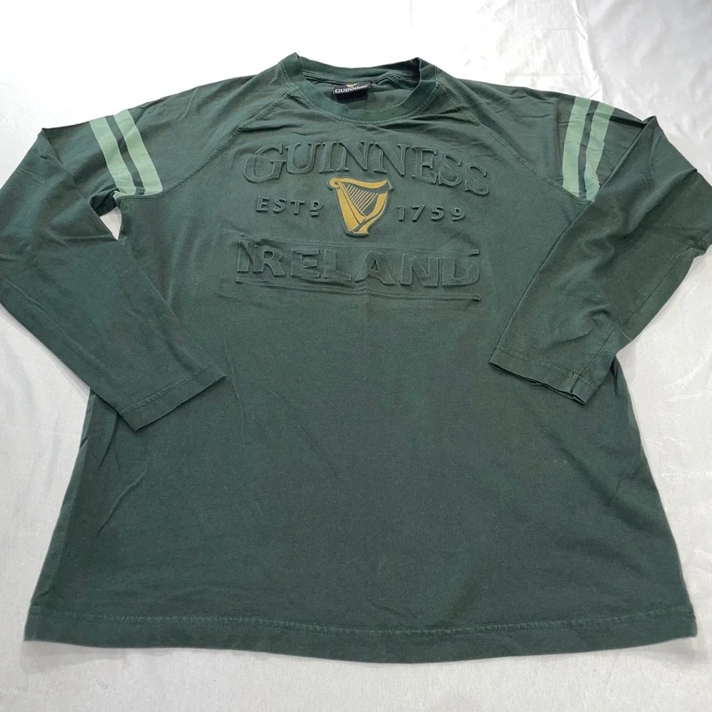 Guinness Ireland Long Sleeve Shirt Green Embossed Puff Print Harp Mens XL Raglan